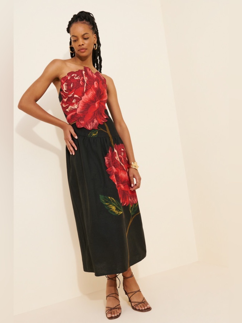 Farm Rio Black Rosalia Artisanal Midi Dress Linen Blend Red Large